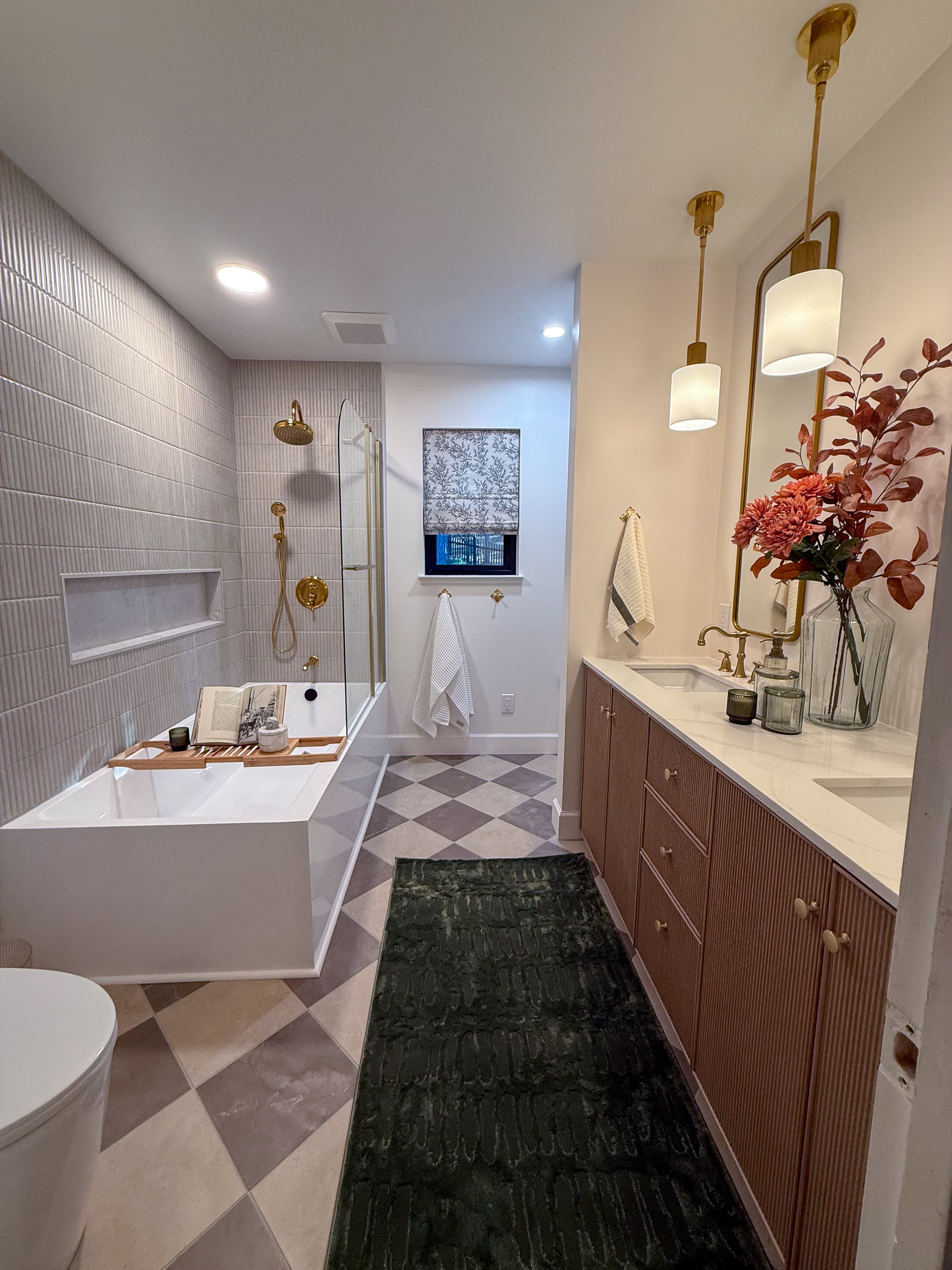 guest bathroom remodel, bathroom renovation reveal, full bathroom remodel before and after, small bathroom renovation ideas, luxury guest bathroom, French country bathroom design, Parisian style bathroom, patterned bathroom design, checkered tile