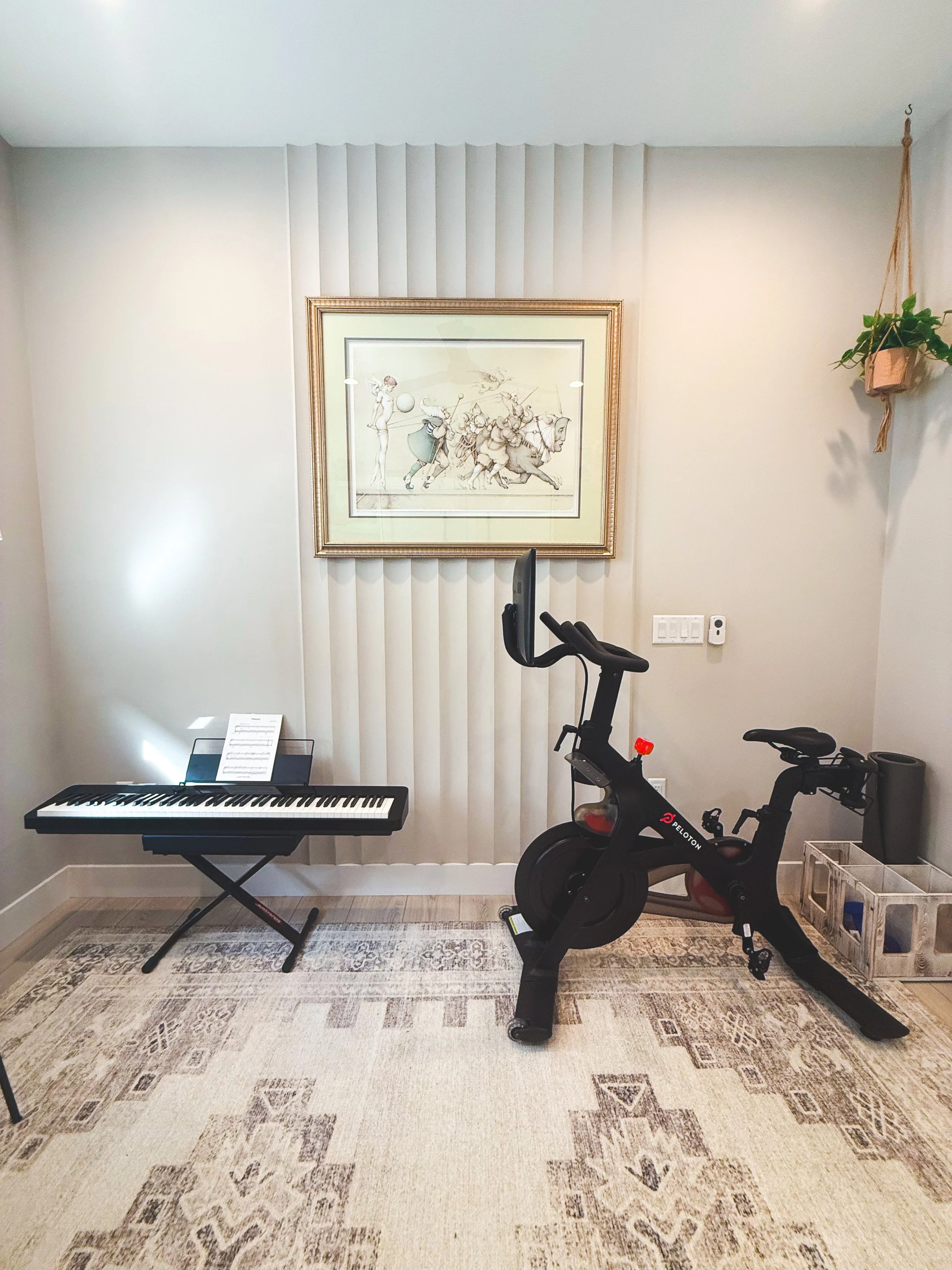 office remodel, light and airy, murphy bed, multifunction room, floating shelves, wallpaper, office decor, office, workspace, neutral office, office storage, multipurpose room, workout room, office refresh,