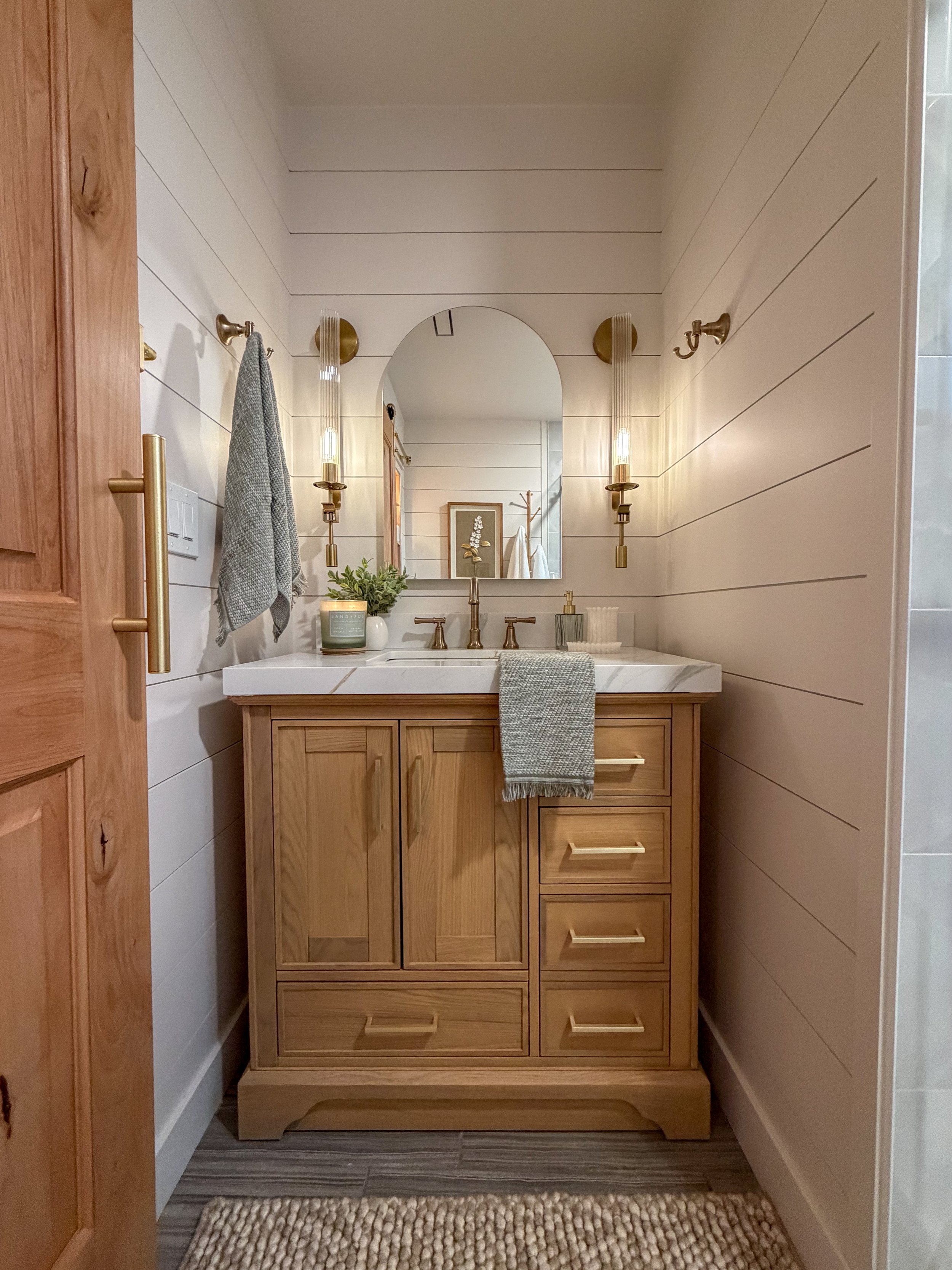 modern farmhouse bathroom, guest bathroom remodel, small bathroom remodel, bathroom renovation ideas, walk-in shower design, bathroom storage solutions, shiplap bathroom, modern farmhouse design, custom vanity, luxury guest bathroom, shower niche