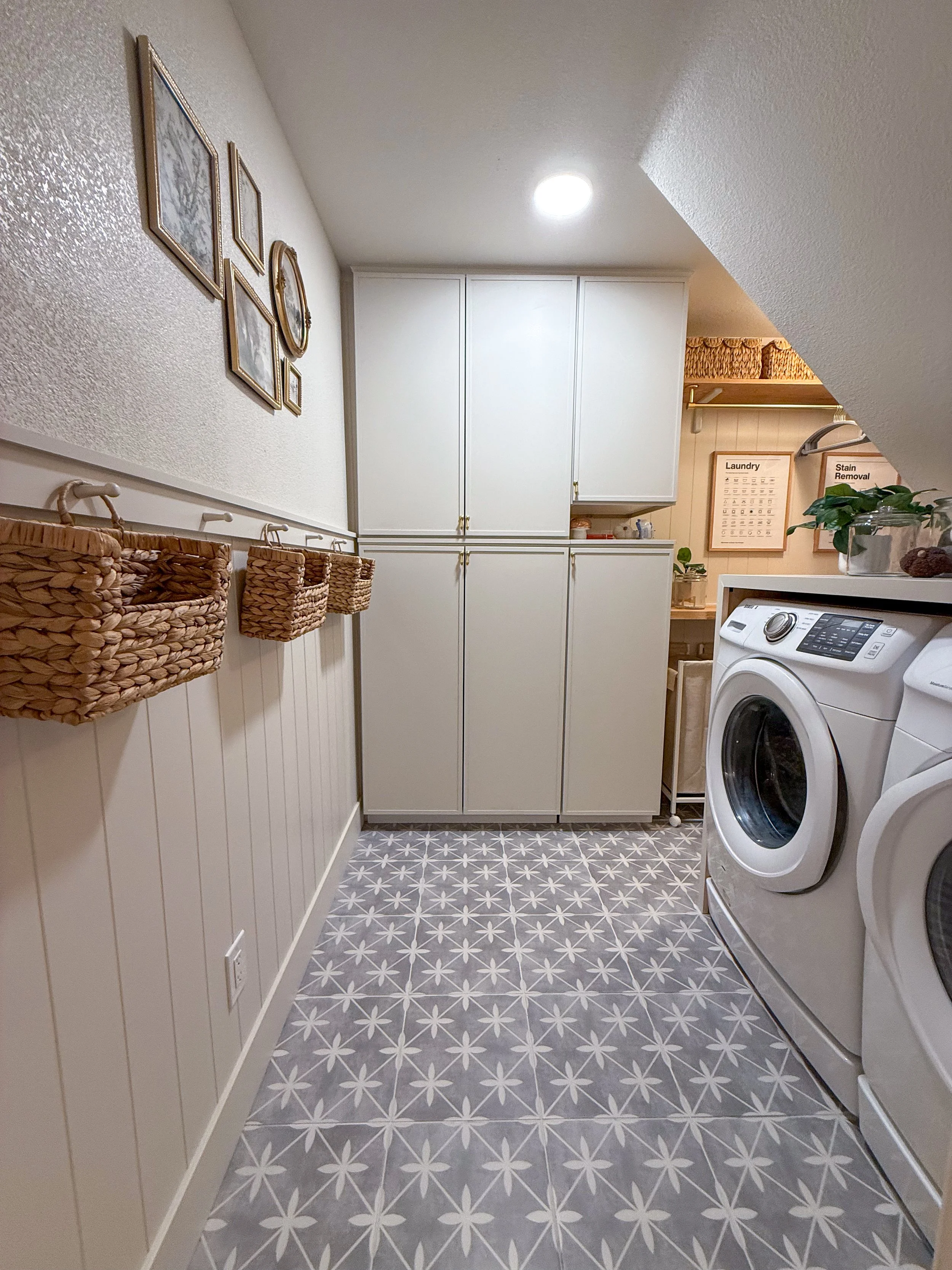 laundry room remodel, french country laundry room, built in storage, folding station, laundry clothes rod, cozy reading nook, open shelving, creative storage solutions, floating shelves decor, shiplap walls, tile flooring, butcher block countertop