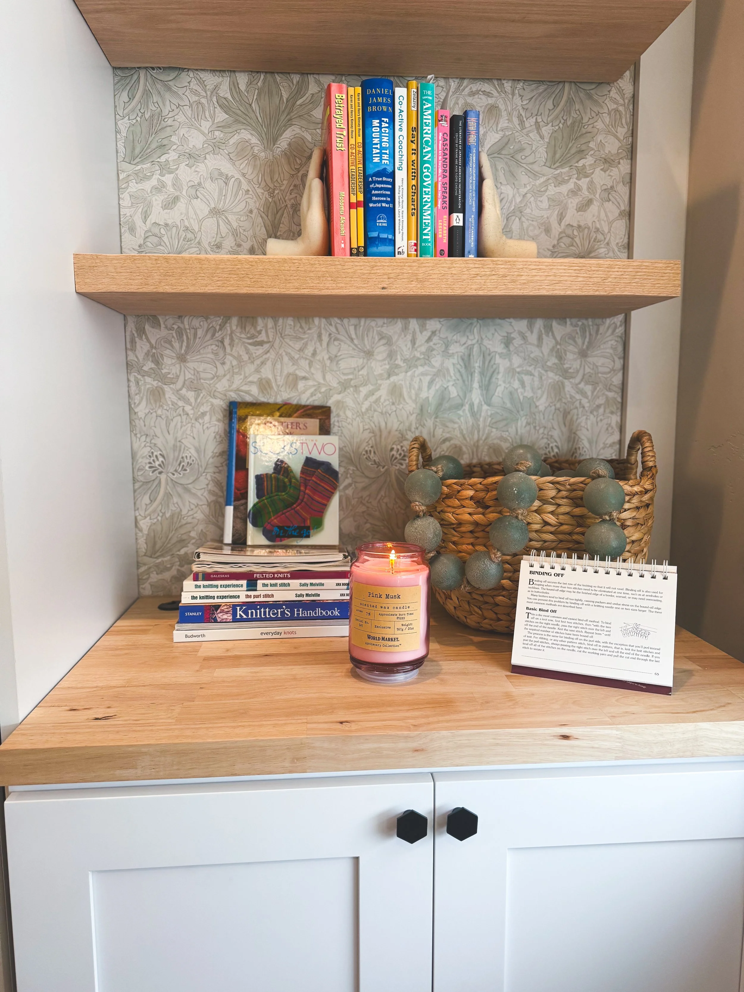 office remodel, light and airy, murphy bed, multifunction room, floating shelves, wallpaper, office decor, office, workspace, neutral office, office storage, multipurpose room, workout room, office refresh,