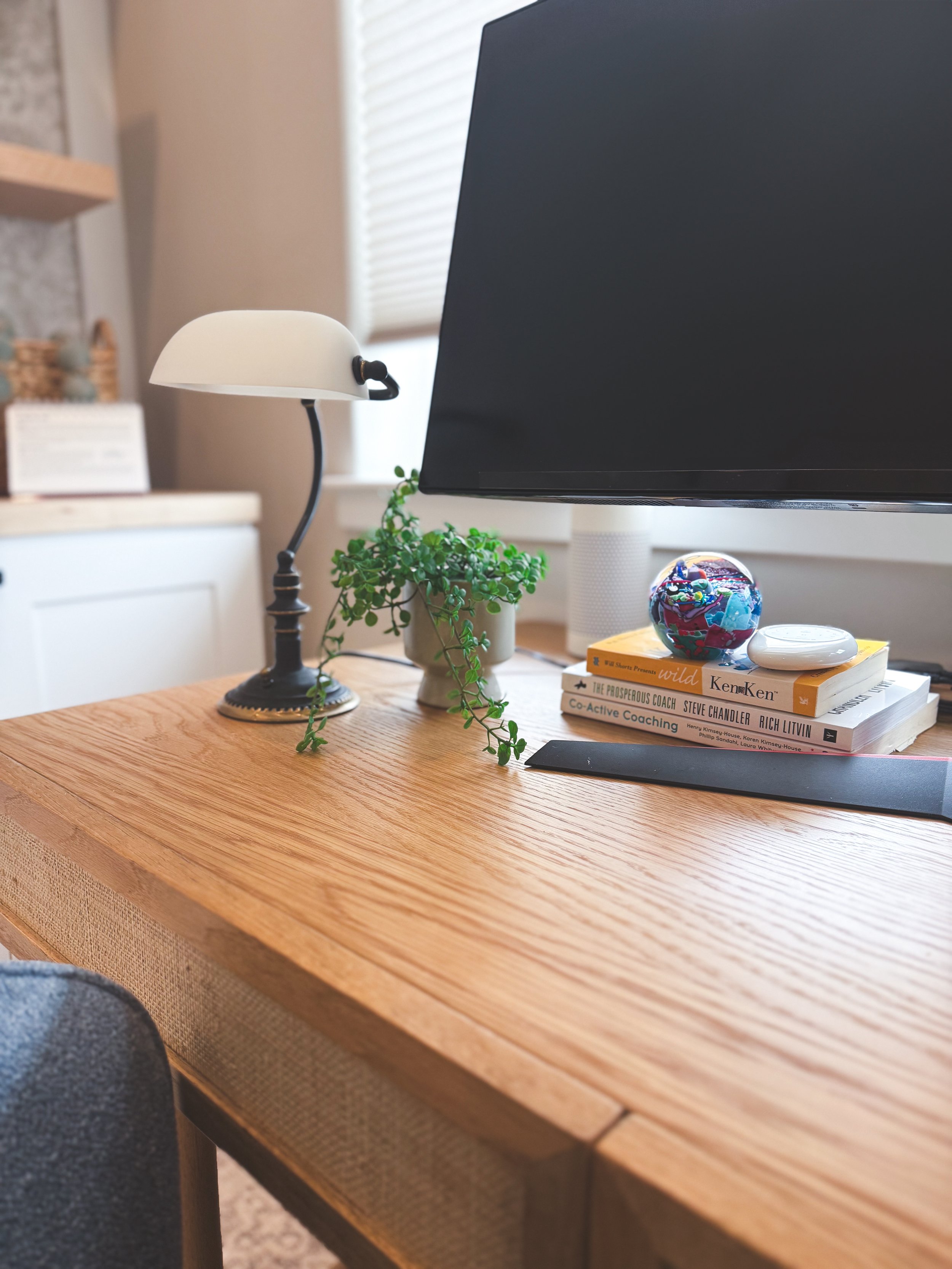 office remodel, light and airy, murphy bed, multifunction room, floating shelves, wallpaper, office decor, office, workspace, neutral office, office storage, multipurpose room, workout room, office refresh,