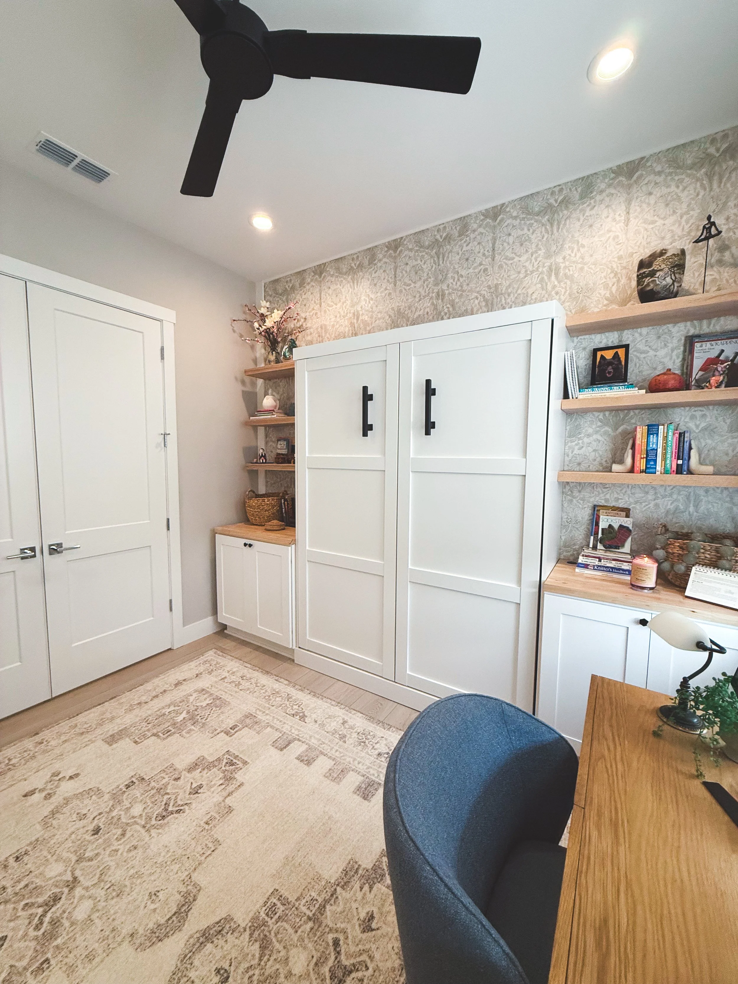 office remodel, light and airy, murphy bed, multifunction room, floating shelves, wallpaper, office decor, office, workspace, neutral office, office storage, multipurpose room, workout room, office refresh,