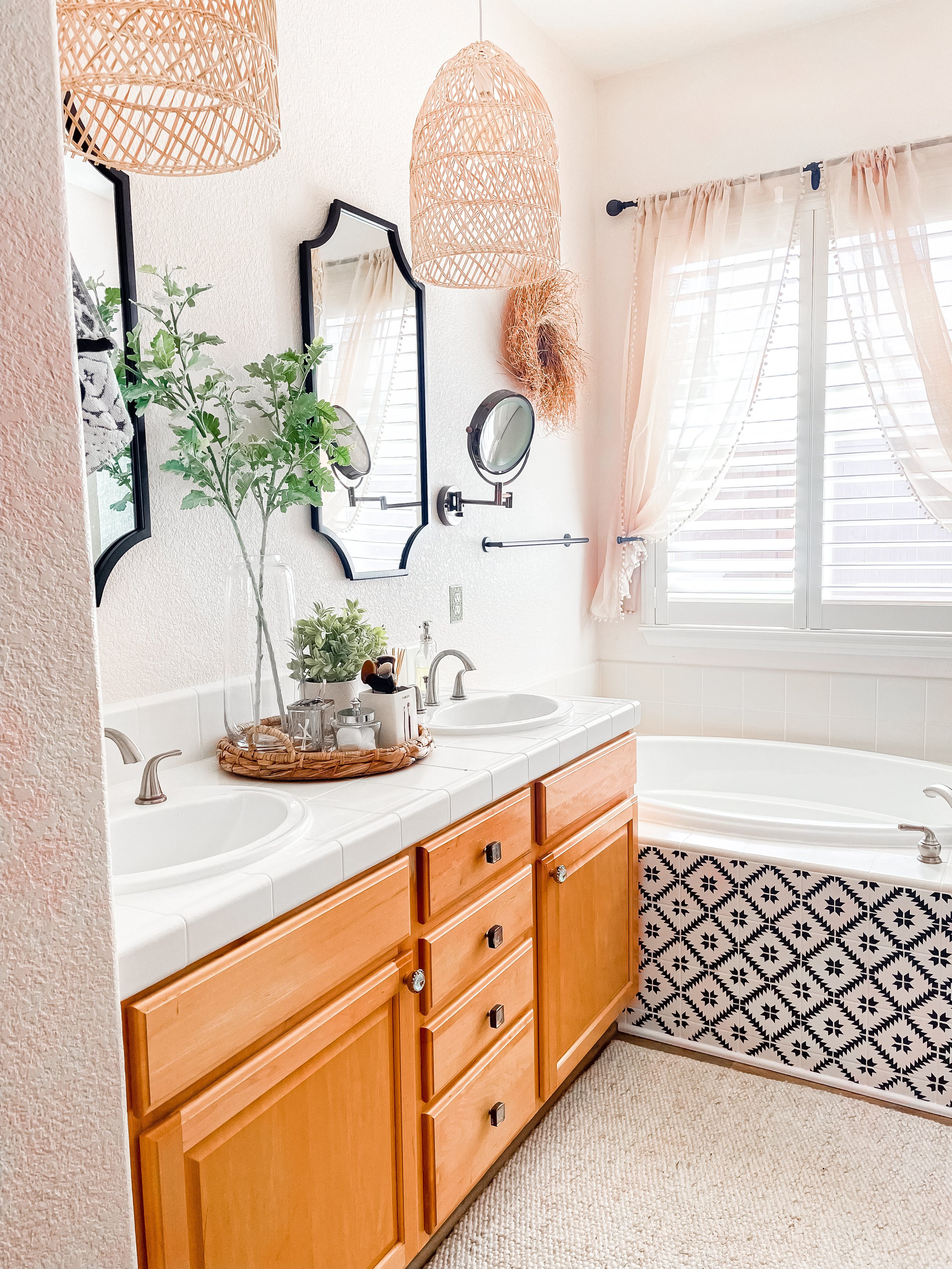 wicker shades, bathroom, remodel, bathroom remodel, facelift, mediterranean, decor, design, boho