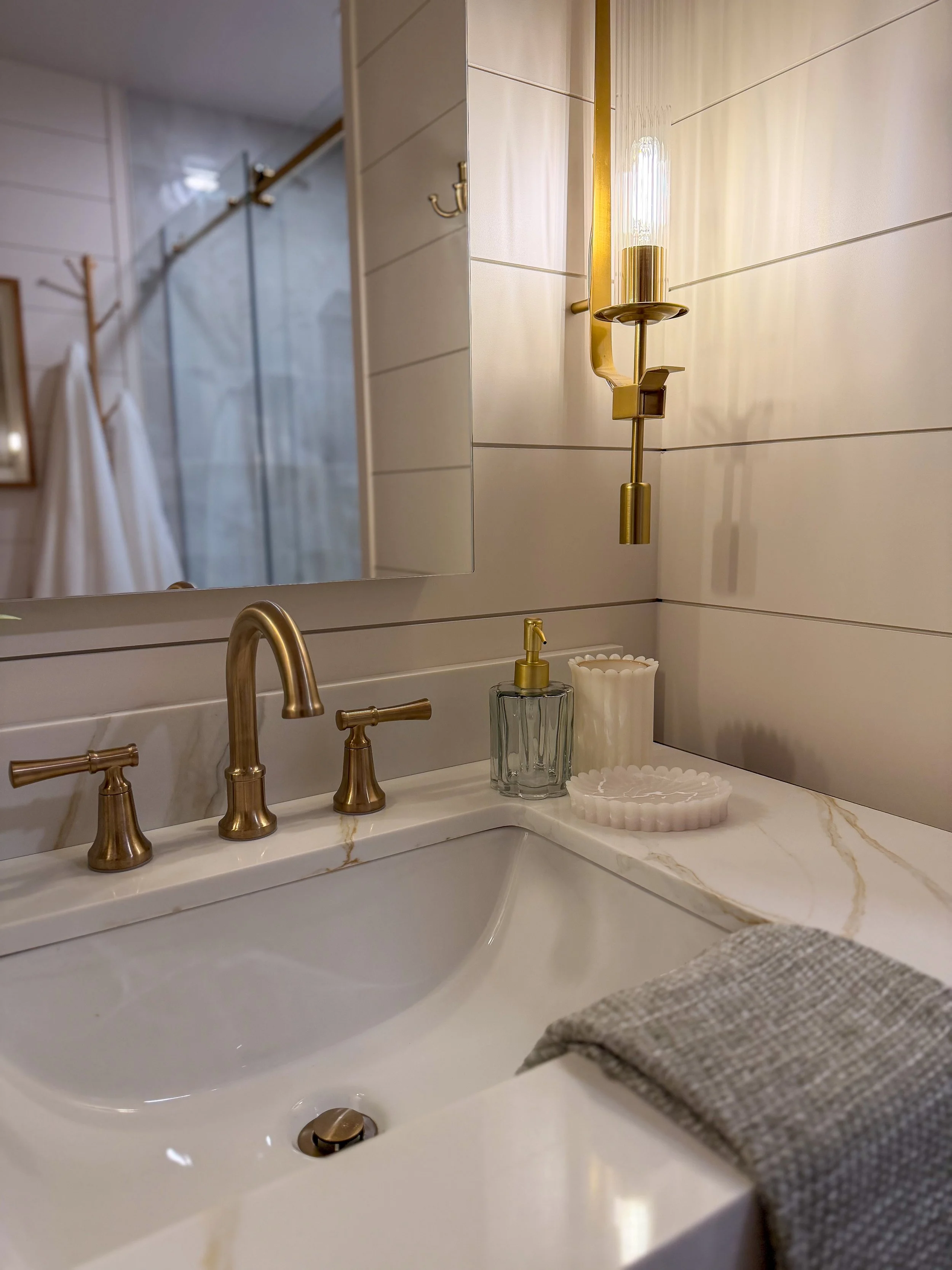 modern farmhouse bathroom, guest bathroom remodel, small bathroom remodel, bathroom renovation ideas, walk-in shower design, bathroom storage solutions, shiplap bathroom, modern farmhouse design, custom vanity, luxury guest bathroom, shower niche