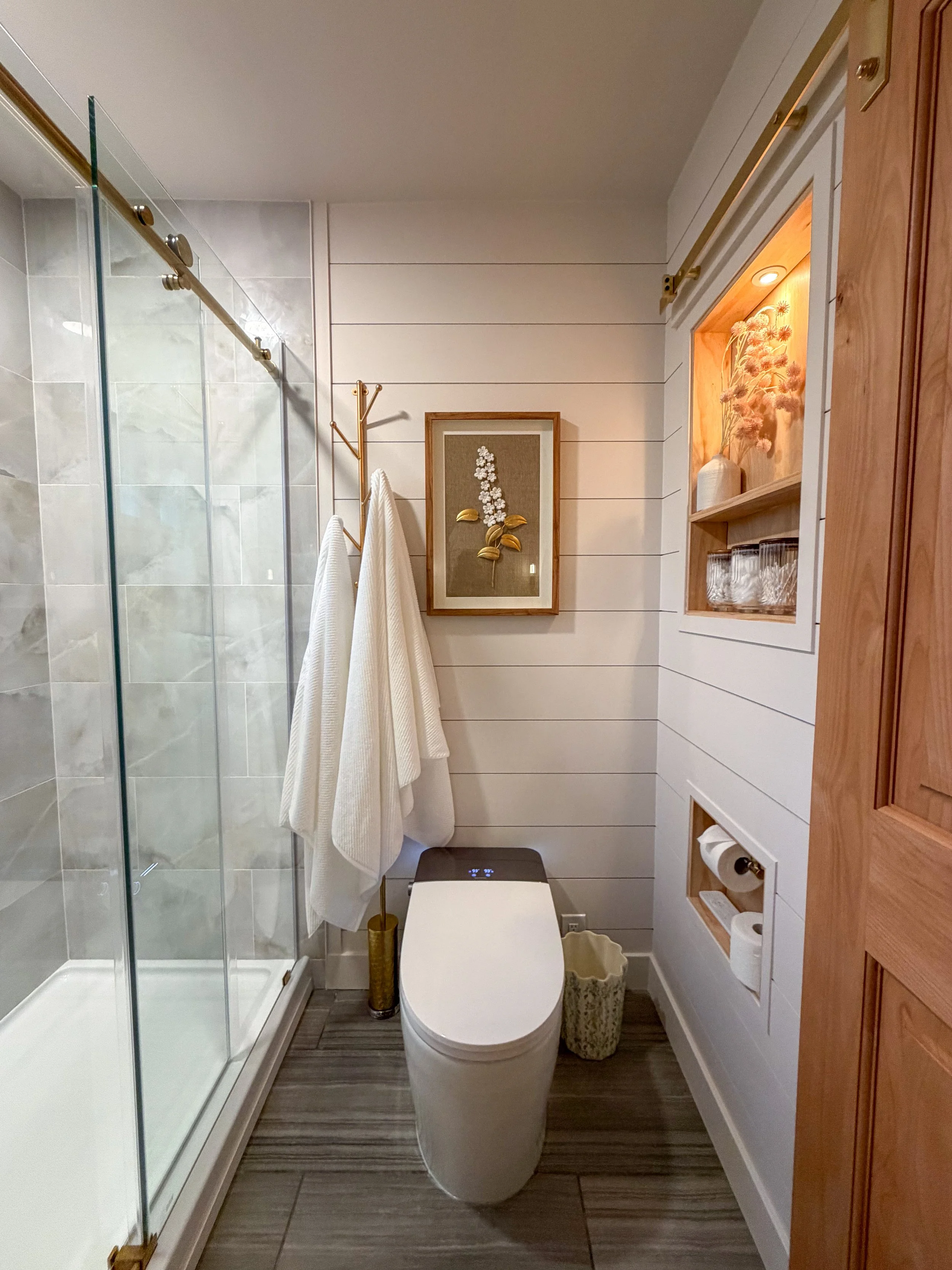 modern farmhouse bathroom, guest bathroom remodel, small bathroom remodel, bathroom renovation ideas, walk-in shower design, bathroom storage solutions, shiplap bathroom, modern farmhouse design, custom vanity, luxury guest bathroom, shower niche