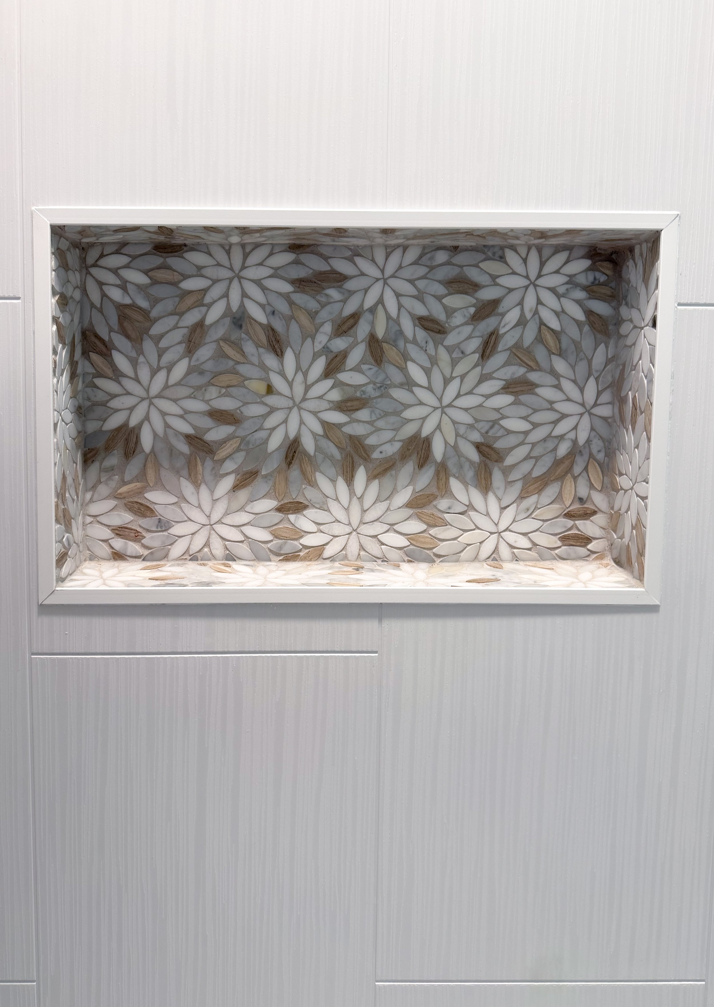 bathroom remodel, contemporary, renovation, vanity, single sink vanity, pendant lighting, hanging lighting, contemporary mirror, bathroom wall removal, brushed nickel, hardware mix, black hardware, bathroom decor, flower tile, wallpaper, bold