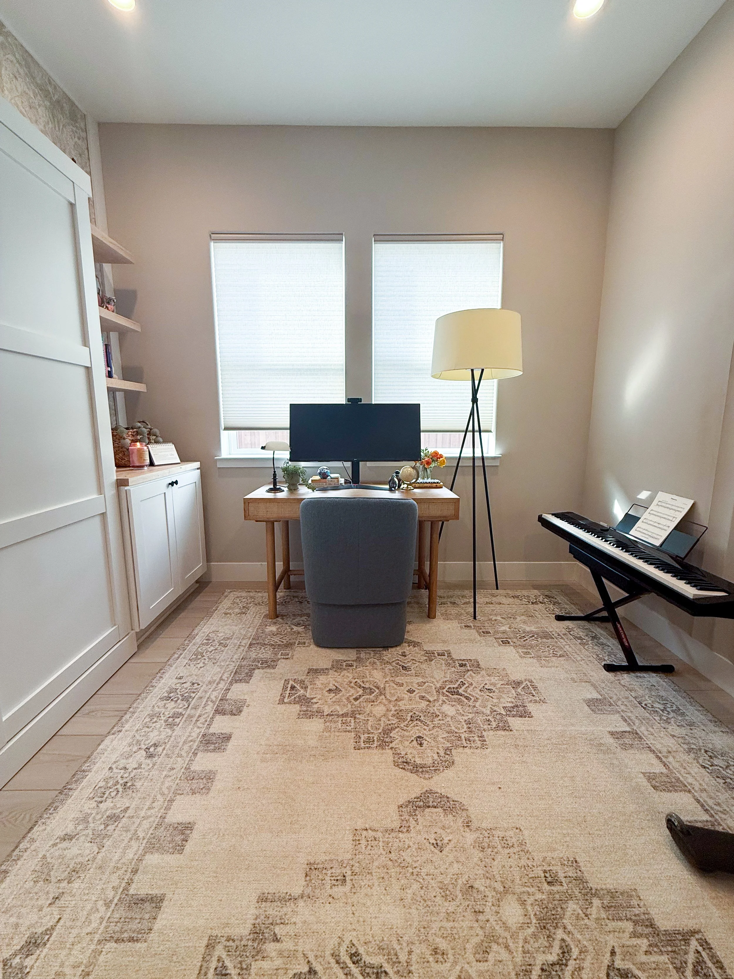 office remodel, light and airy, murphy bed, multifunction room, floating shelves, wallpaper, office decor, office, workspace, neutral office, office storage, multipurpose room, workout room, office refresh,