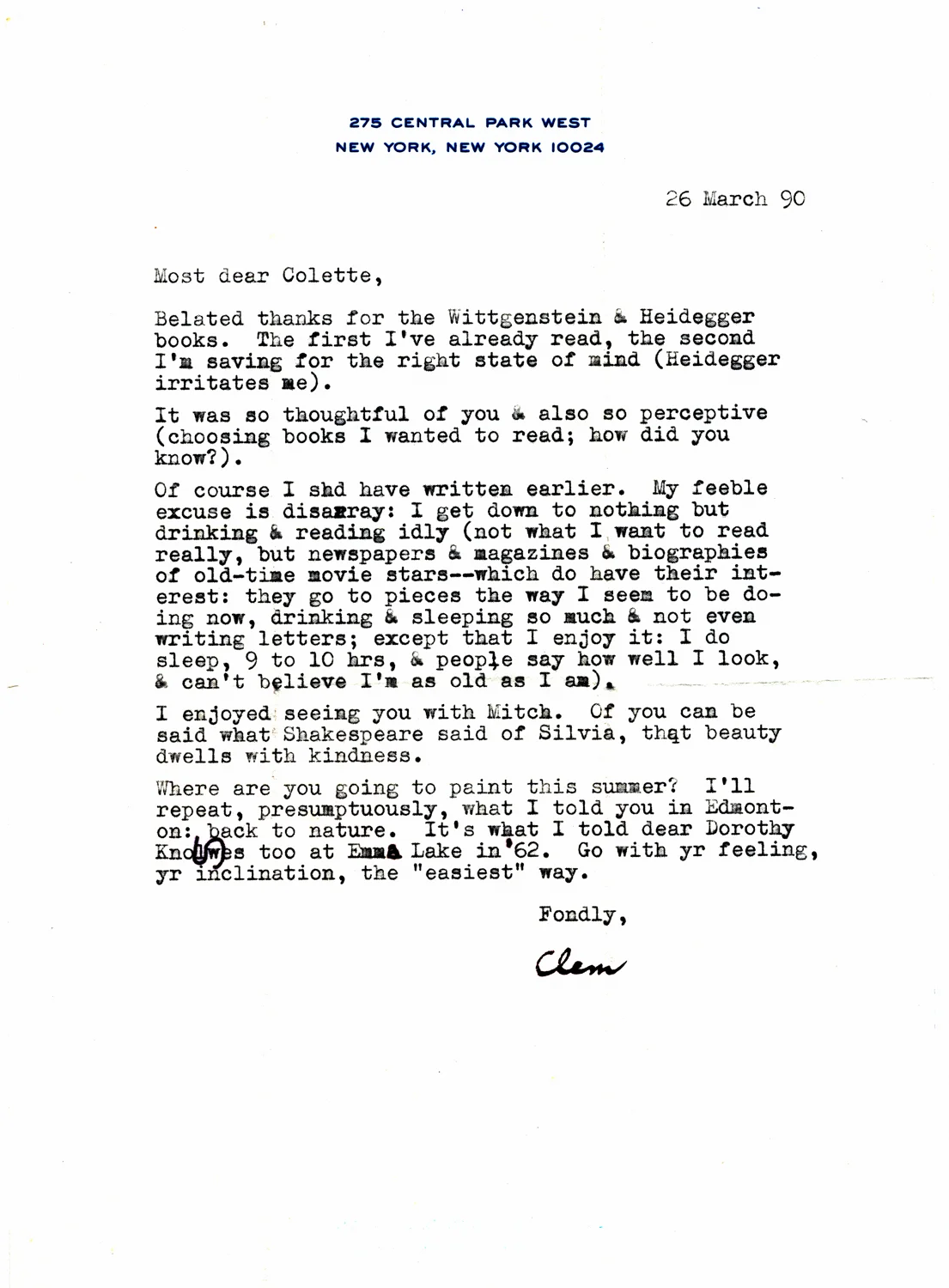 1990 Clement Greenberg letter