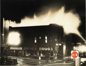 Ratterree's Drugstore burns in early 1950s.