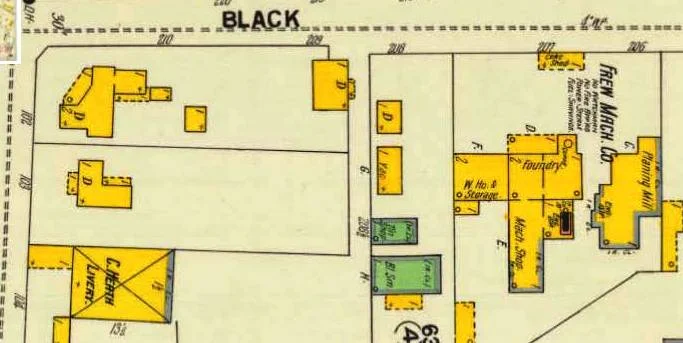 Sanborn Map showing the location of the Frew's Boarding House as well as the family's foundry, which once was located in front of what is in 2018, Kinch's Restaurant. (Click to enlarge.)