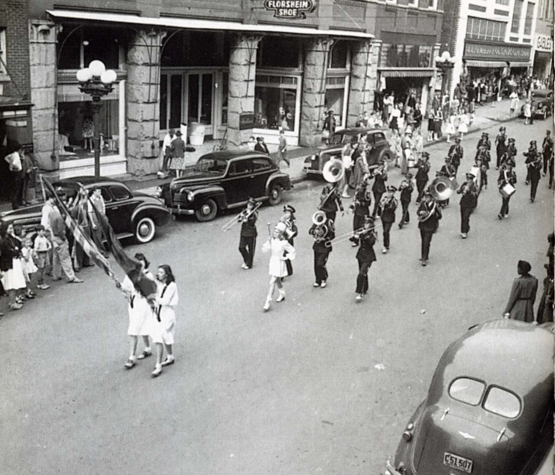 East Main Street showing a ca. 1940 parade, this image would have been taken from near where the York County Chamber Building currently stands.