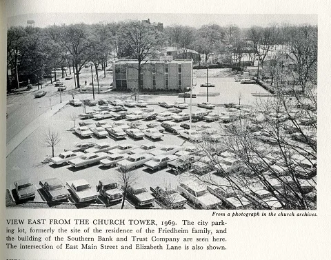 The Cobb House was demolished in the late 1960s to make room for the Southern Bank and Trust Building seen here. The Friedheim Home had been razed to make room for the parking lot.