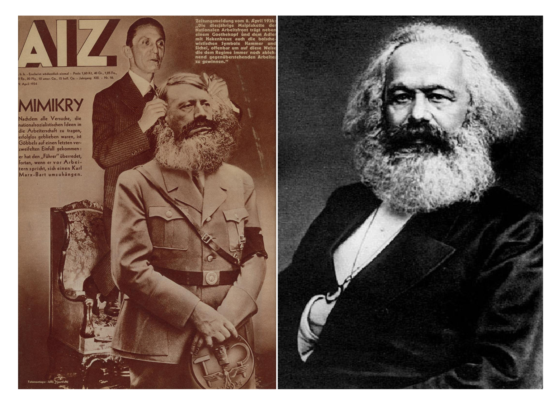   Figure 6 : John Heartfield,  Mimicry , 1934 (left): an early artistic appropriation of Mayall’s photograph. John Mayall,  Portrait of Karl Marx , 1875 (right). 