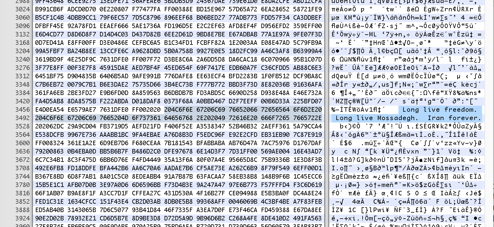   Figure 3A : The defiant final words of Hossein Fatemi (before his execution) are entered into the ASCII code underlying the image of the Shah’s bedroom. 