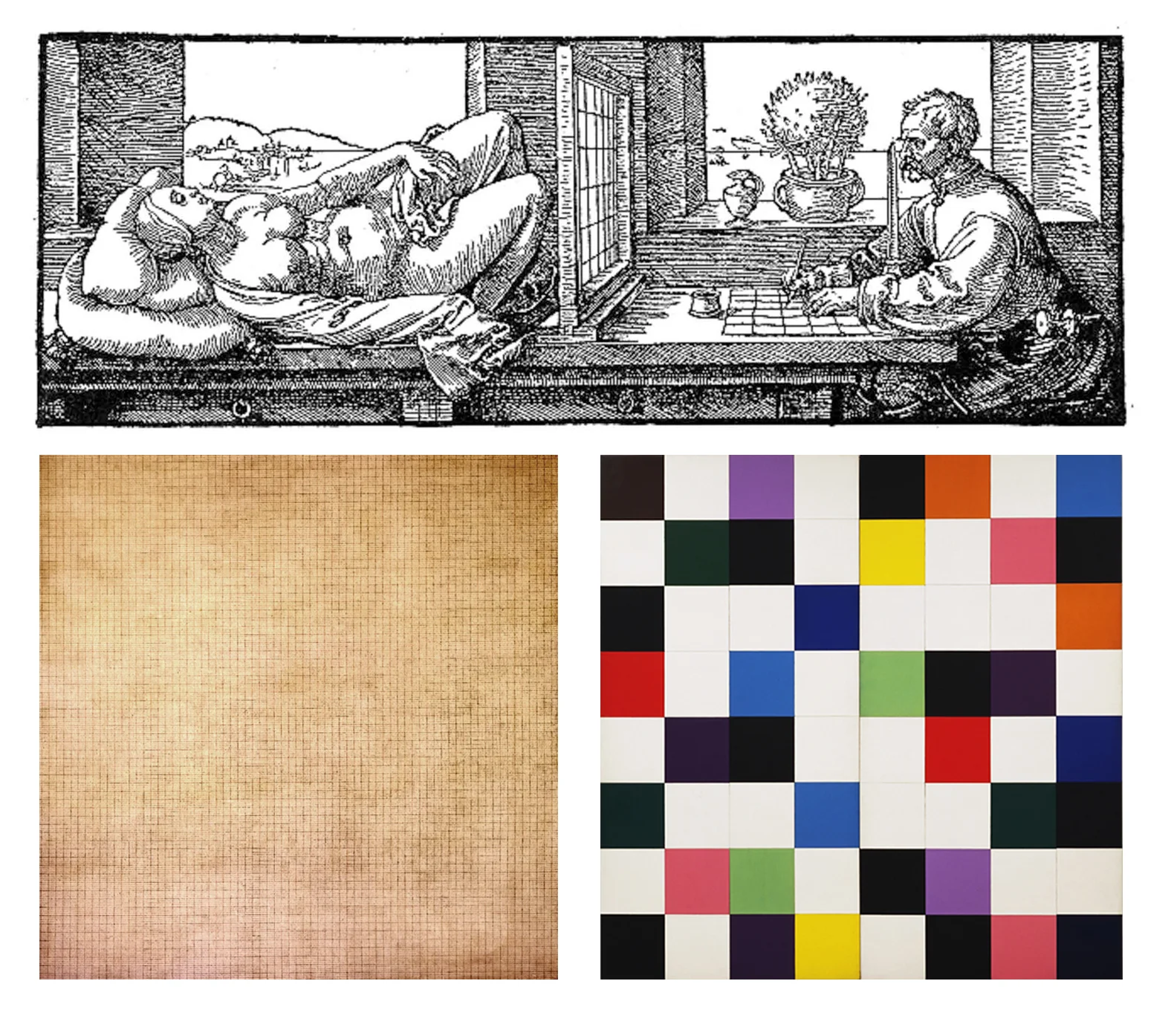   Figure 5 : Albrecht Dürer,  Draughtsman Making a Perspective Drawing of a Woman , 1525 (above). Agnes Martin,  Leaf , 1965 (below left). Ellsworth Kelly,  Colors for a Large Wall , 1961 (below right). 