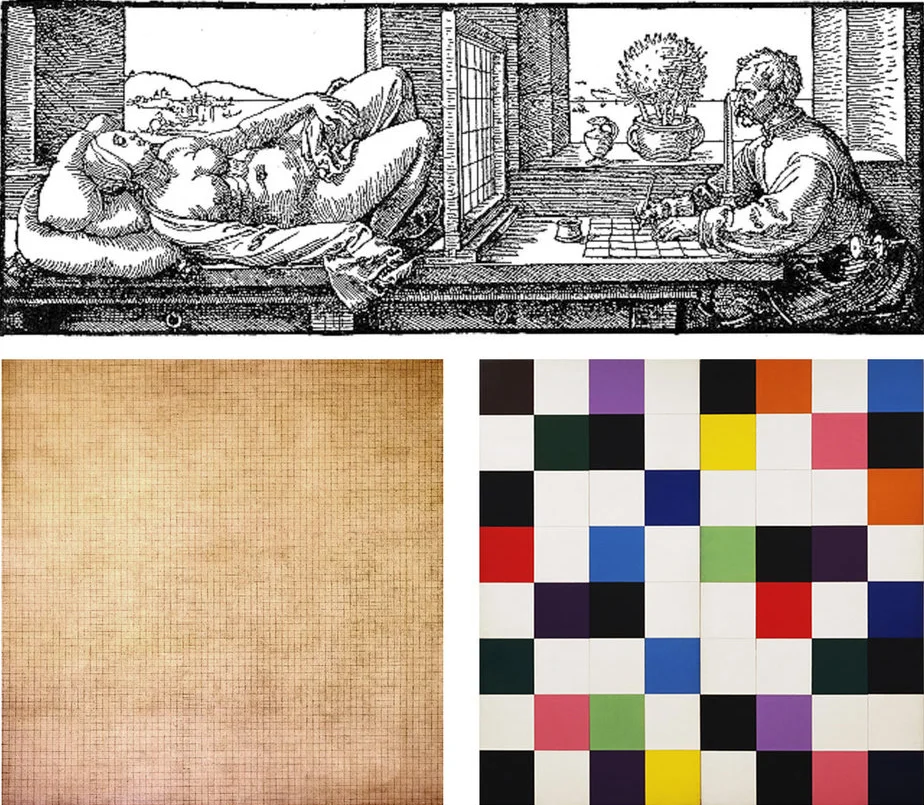 Figure 5 : Albrecht Dürer, Draughtsman Making a Perspective Drawing of a Woman , 1525 (above). Agnes Martin, Leaf , 1965 (below left). Ellsworth Kelly, Colors for a Large Wall , 1961 (below right).