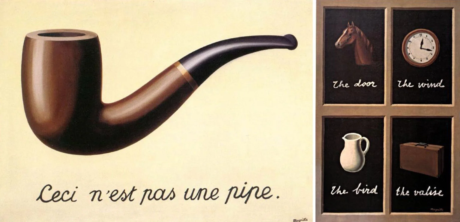Left: René Magritte, The Treachery of Images (1929). Right: René Magritte, The Key of Dreams (1930). The problem of image and word.