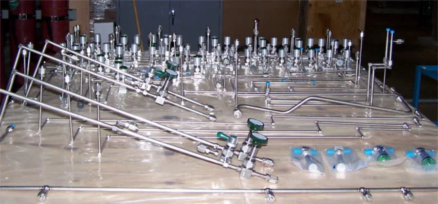 Micro-Fit® ultra high purity tubing with regulators, valves and gauges orbitally welded to exacting standards.