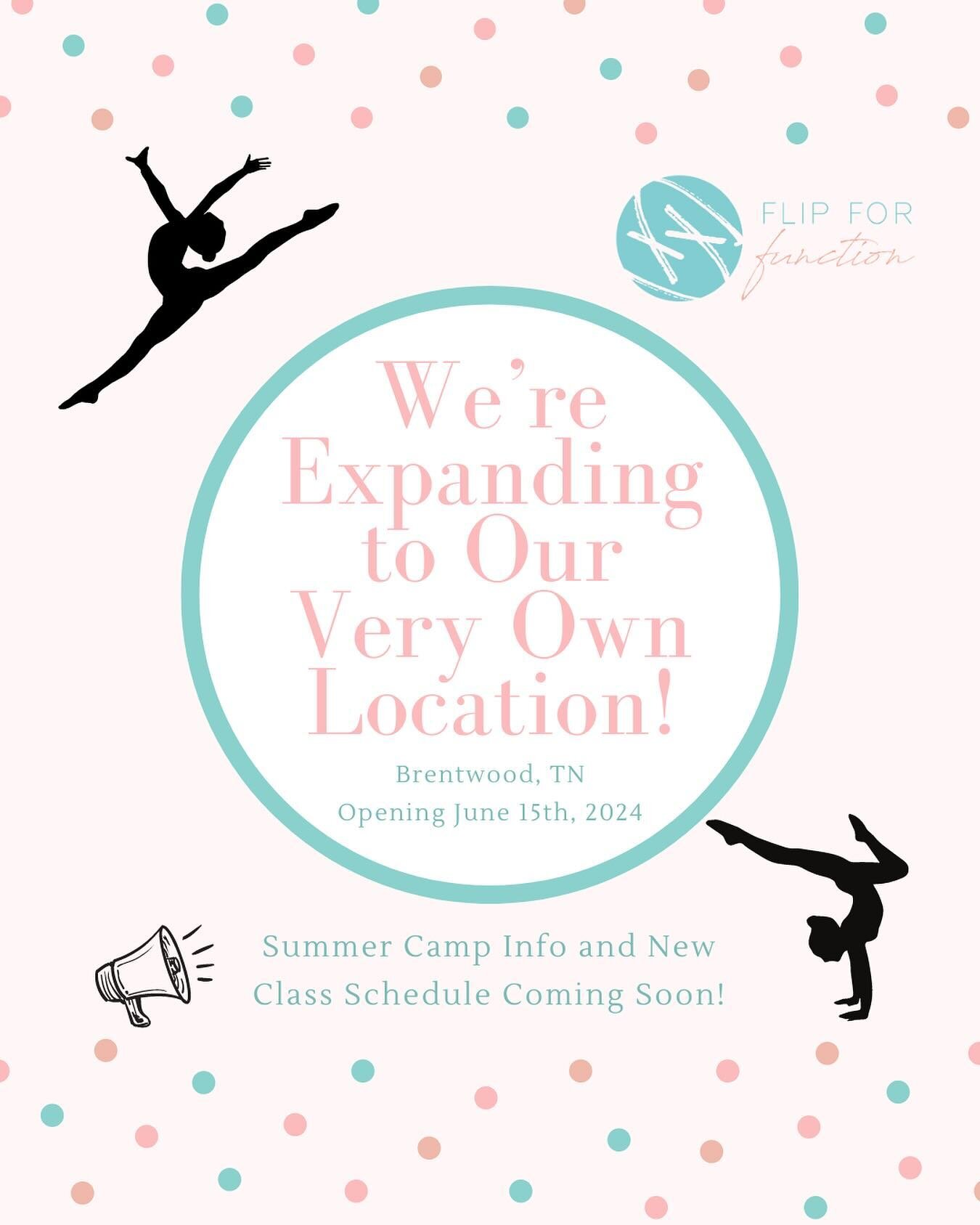 We are SO EXCITED to announce that we are expanding Flip for Function and opening our VERY OWN location!

Our location will be based in Brentwood, TN and will be opening June 15th of this year.

We will be offering a variety of programming, inclusive