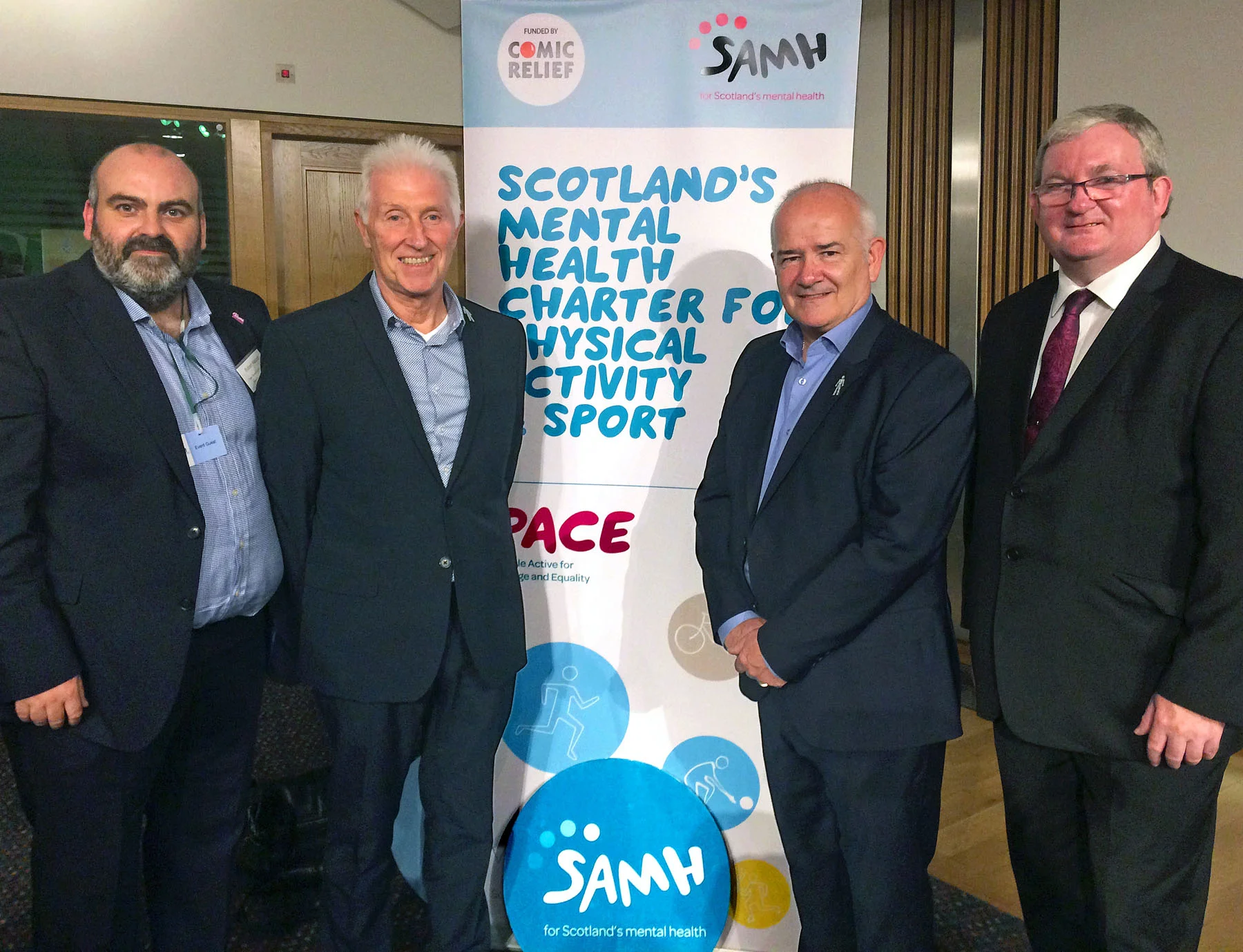 l-r Robert Nesbitt SAMH, Colin Mackay, Gary McLaughlin and Angus MacDonald MSP