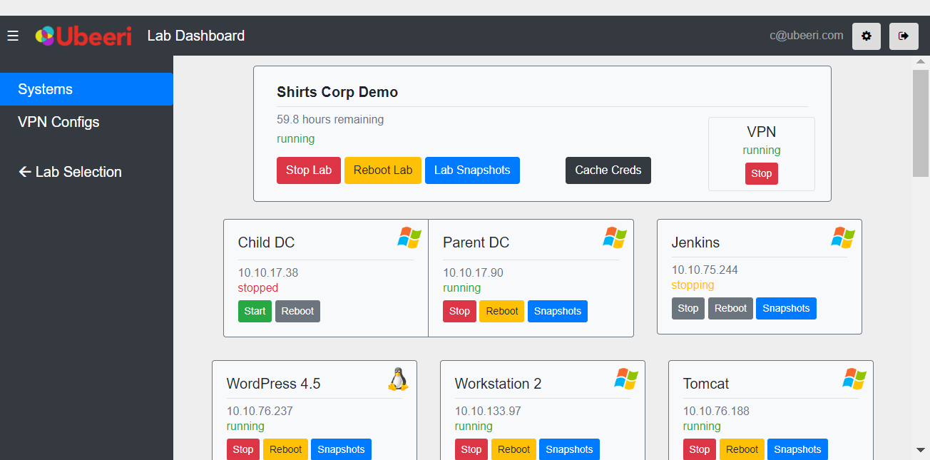 Viewing an individual lab environment in the dashboard application.