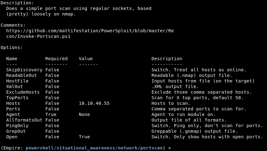 Empire’s network/portscan module options.