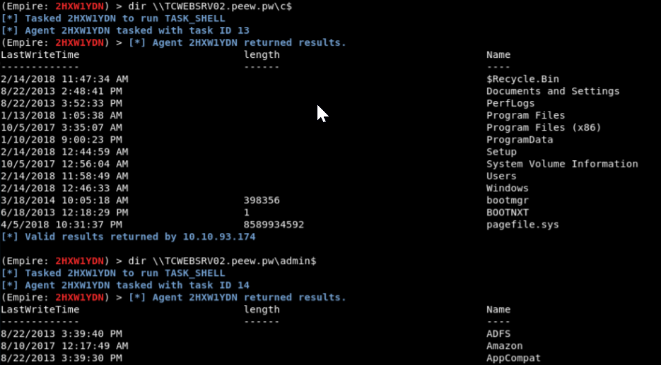 Listing the contents of an admin$ with the “dir” command.