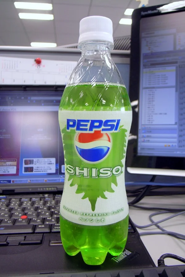 Image 2: Shiso-flavored Pepsi. The flavor of P. frutescens is so widely known in Japan, there was a line of Shiso-flavored Pepsi sold there. This image was used under Creative Commons licensure from this source .