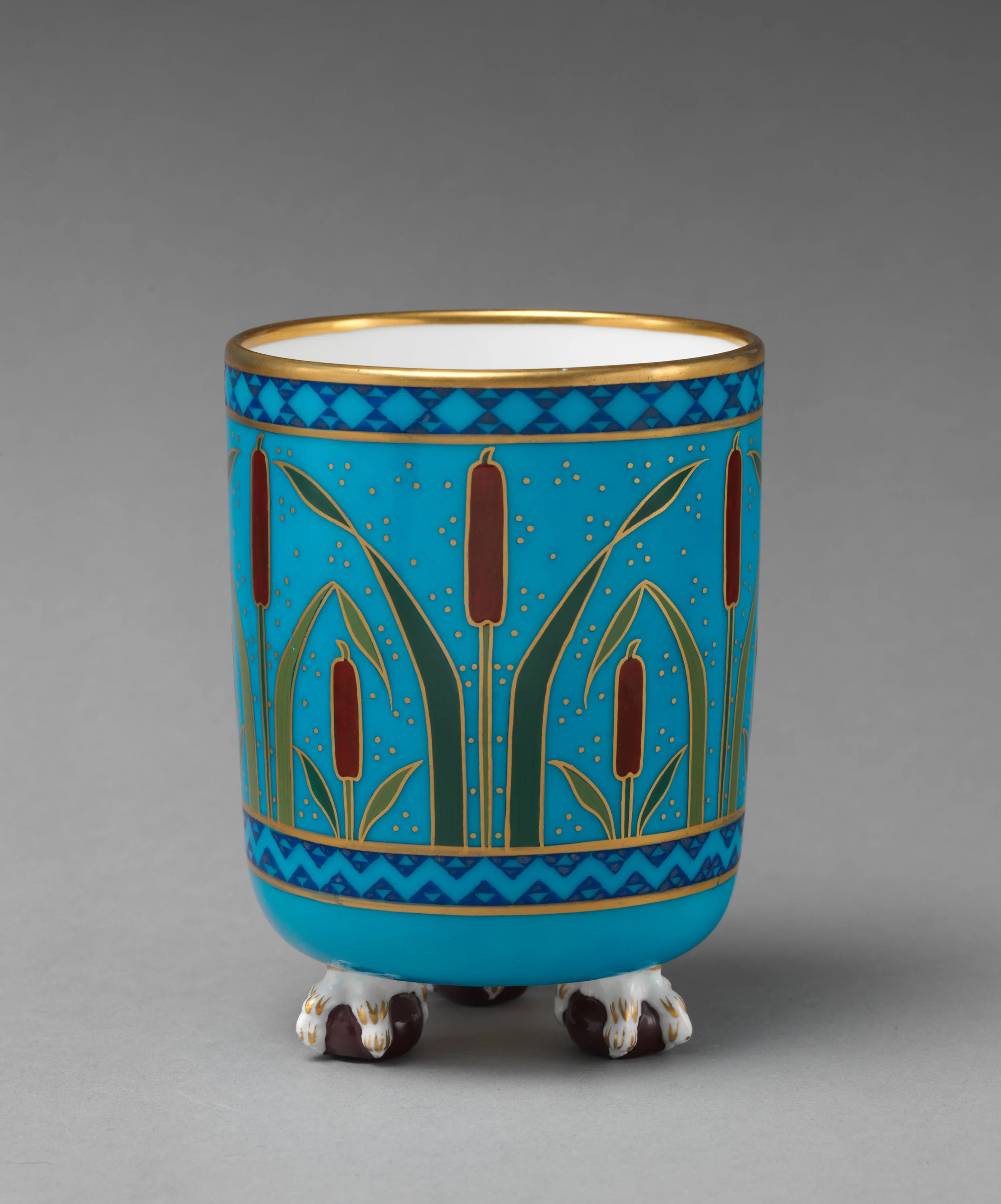 Cylindrical vase with cattail motif. This bone china piece- created by Milton in the 1860’s- features a cattail motif and is housed at The Metropolitan Museum of Art in NYC. Image in the Public domain and accessed HERE .