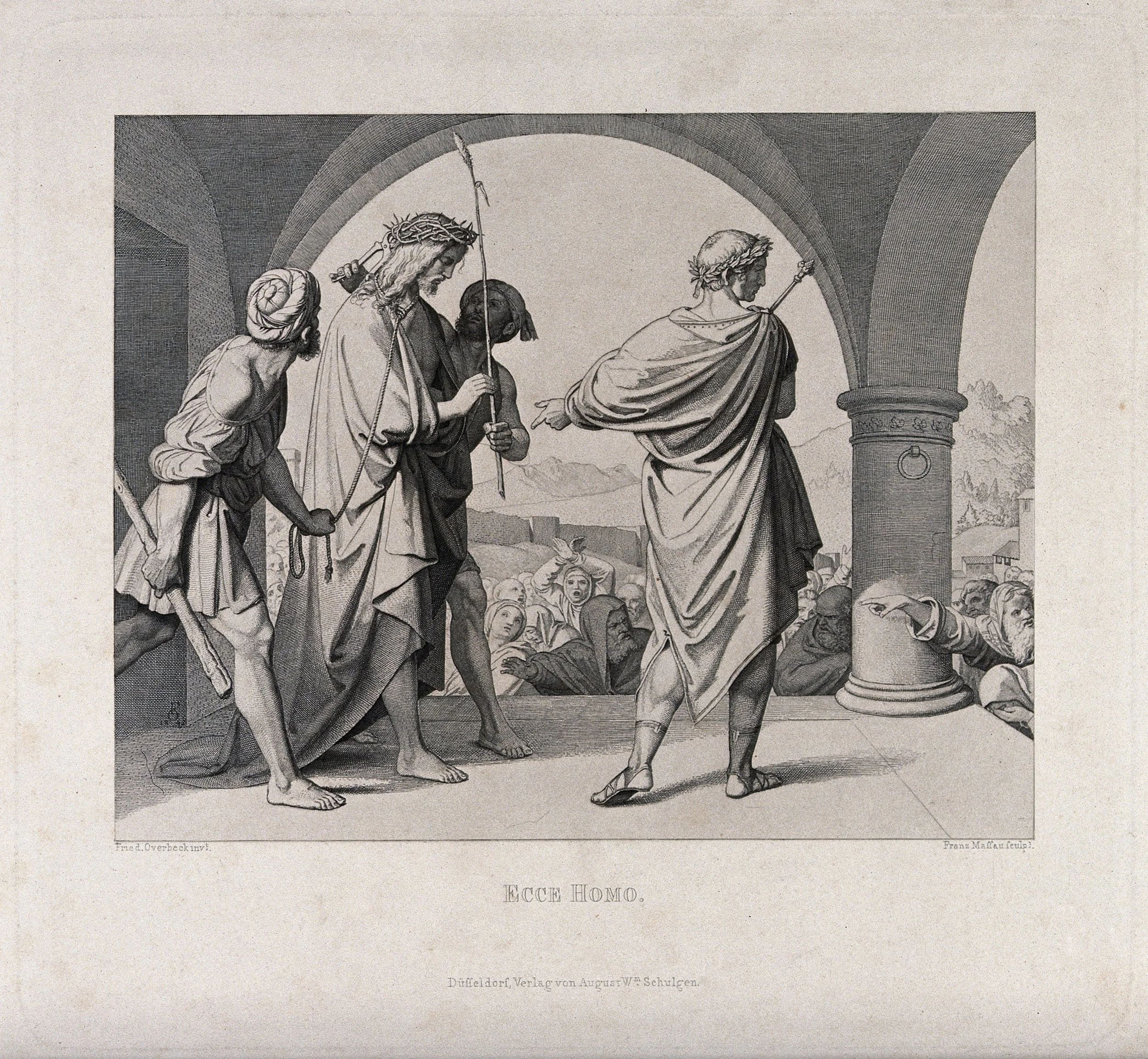 Christ is paraded before the people wearing a crown of thorns . Etching by F.P. Massau after J.F. Overbeck, 1848. Credit: Wellcome Collection . CC BY