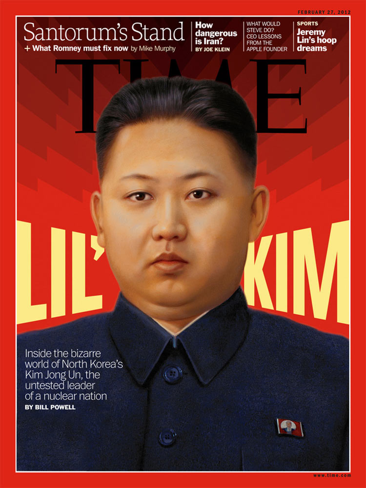  This layout and background design were loosely inspired by North Korean propaganda posters, while our custom lettering had to maintain the look of Franklin Gothic (Time’s type family). Portrait of Kim Jong Un: Tim O’Brien. Art Director: D.W. Pine 