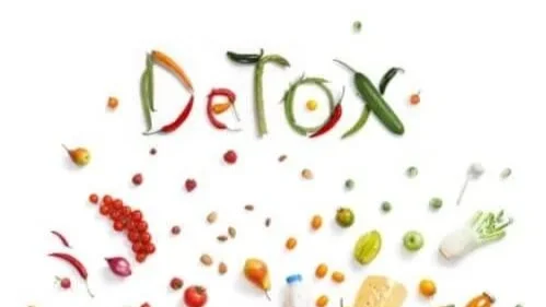 The word detox is spelled out in vegetables on a white background.
