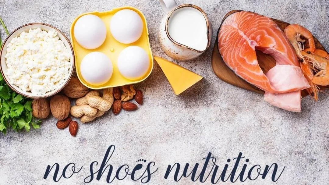 No Shoes Nutrition logo with several sources of protein above. Cottage cheese, eggs, milk and seafood.