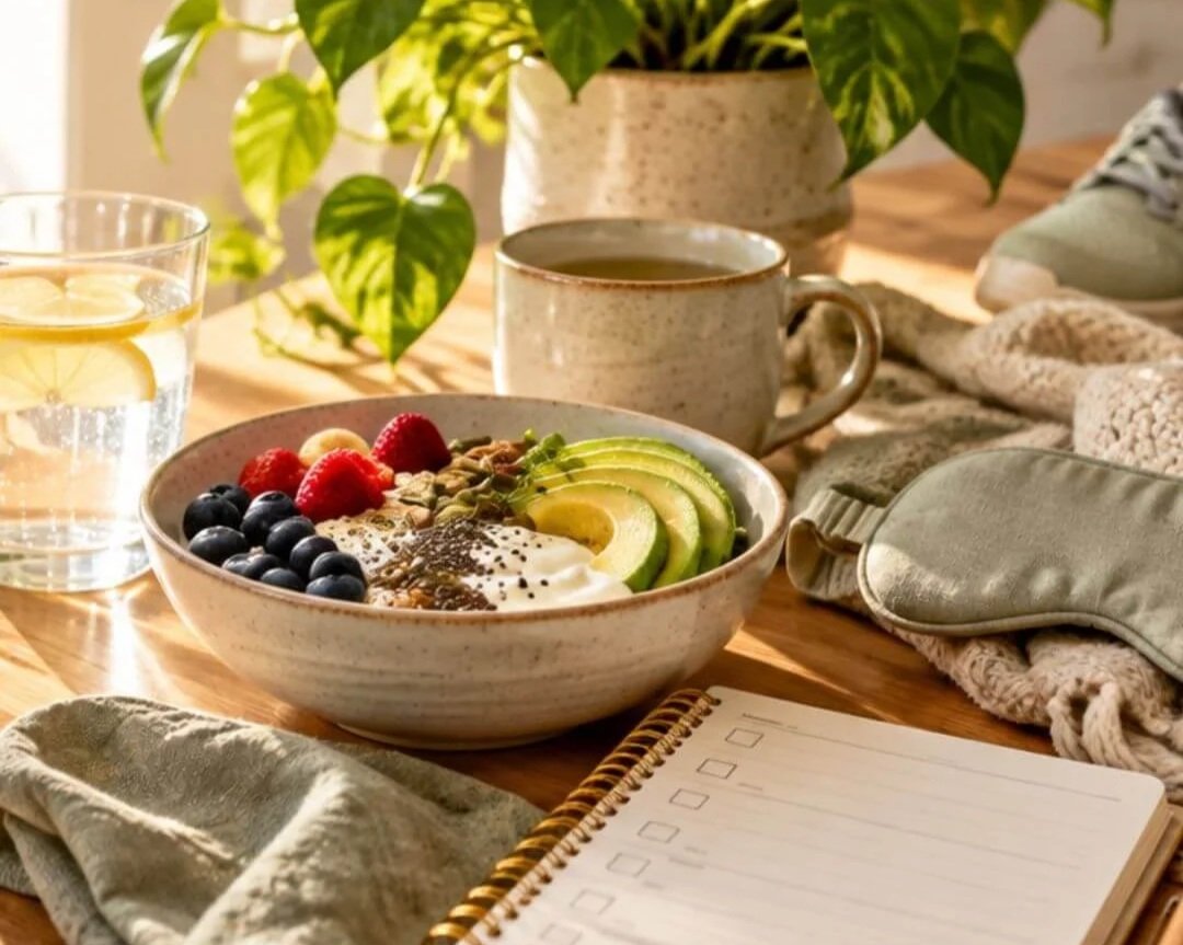 A table laid out with healthy food, water, herbal tea, a scheduler, a sleep mask and running shoes. All symbols of healthy habits for a healthy routine.