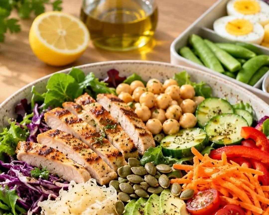 Healthy salad bowl with chicken, carrots, pumpkin seeds, tomato and avocado.