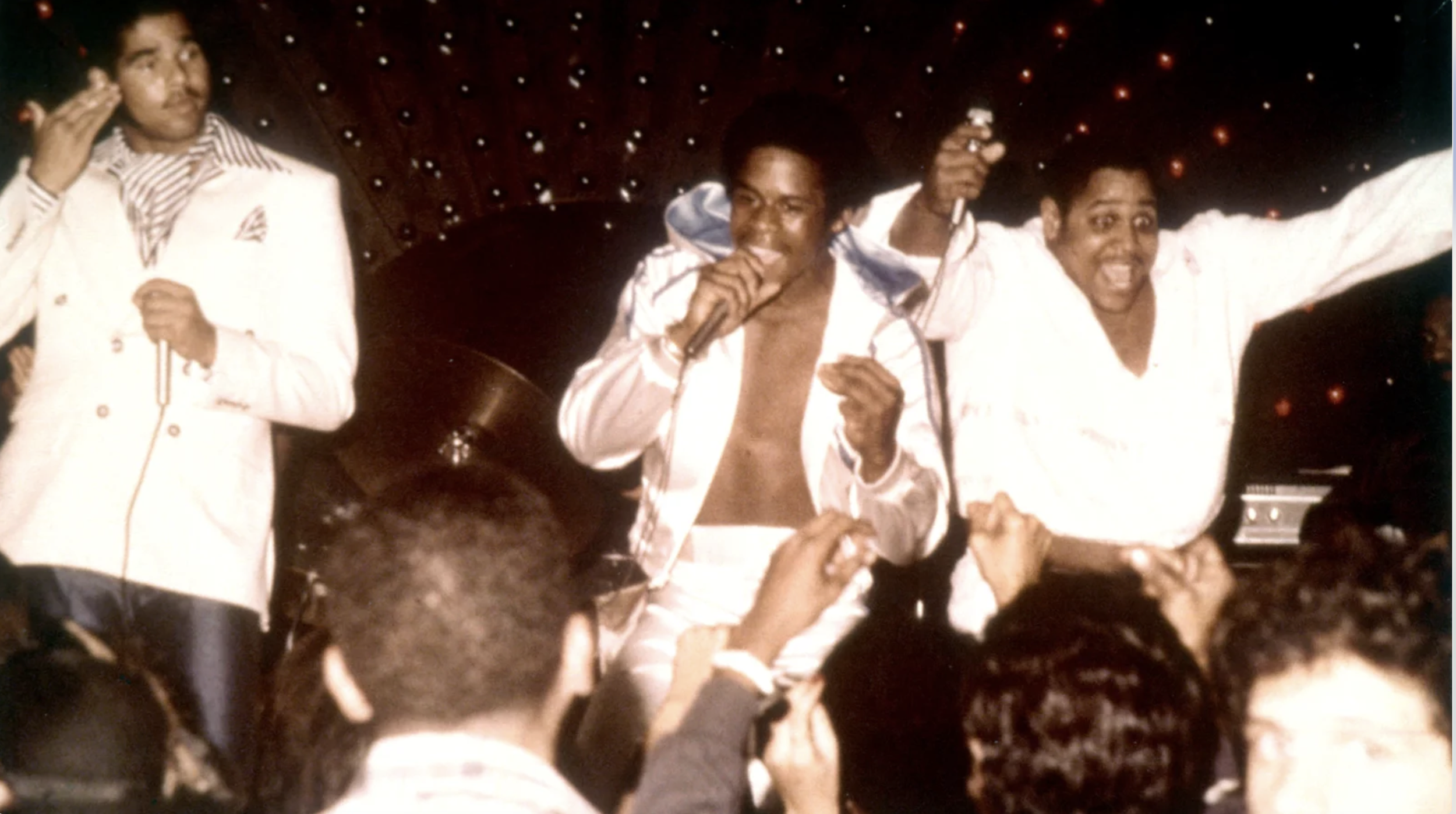 Rap pioneers the Sugarhill Gang (left to right: Wonder Mike, Master G and Big Bank Hank) perform live circa 1979.