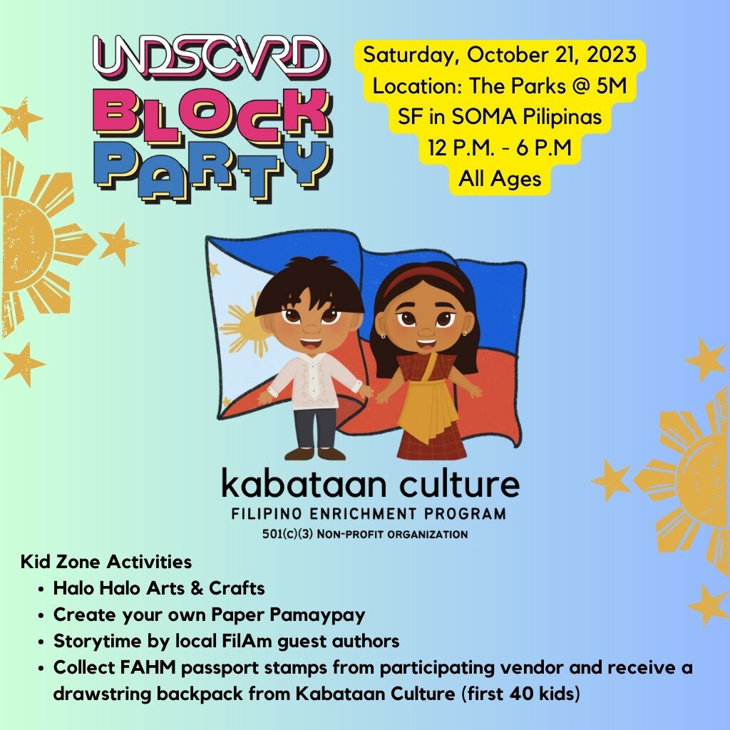 We got something even for the kiddos at @undiscoveredsf 😊 Come join us at the Kids Zone, hosted by Kabataan Culture! 🤩

🇵🇭 Kabataan Culture will host a series of workshops near the Kids Stage, including a scavenger hunt/passport book to visit 8 d