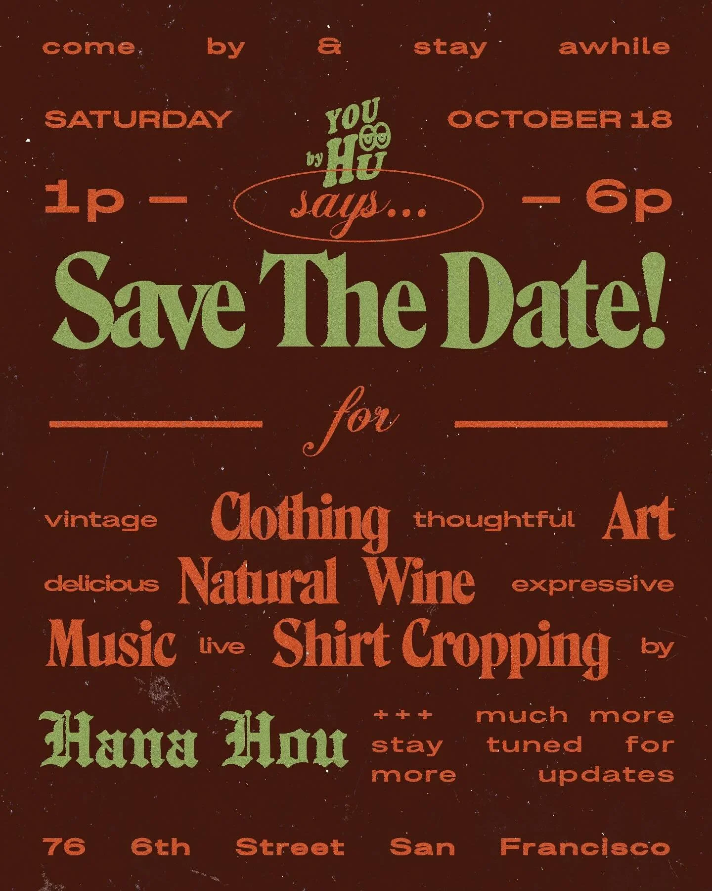 ✨ JUST AROUND THE CORNER ✨During #UNDSCVRD, swing by You by Hu&rsquo;s Pop-Up Shop from 1&ndash;6PM at 76 6th Street, San Francisco 🎉 @szrhnd.hu | @hubertgambit 

🧡 Vintage Clothing
🎨 Thoughtful Art
🍷 Natural Wine
🎶 Live Music
👕 Shirt Cropping 