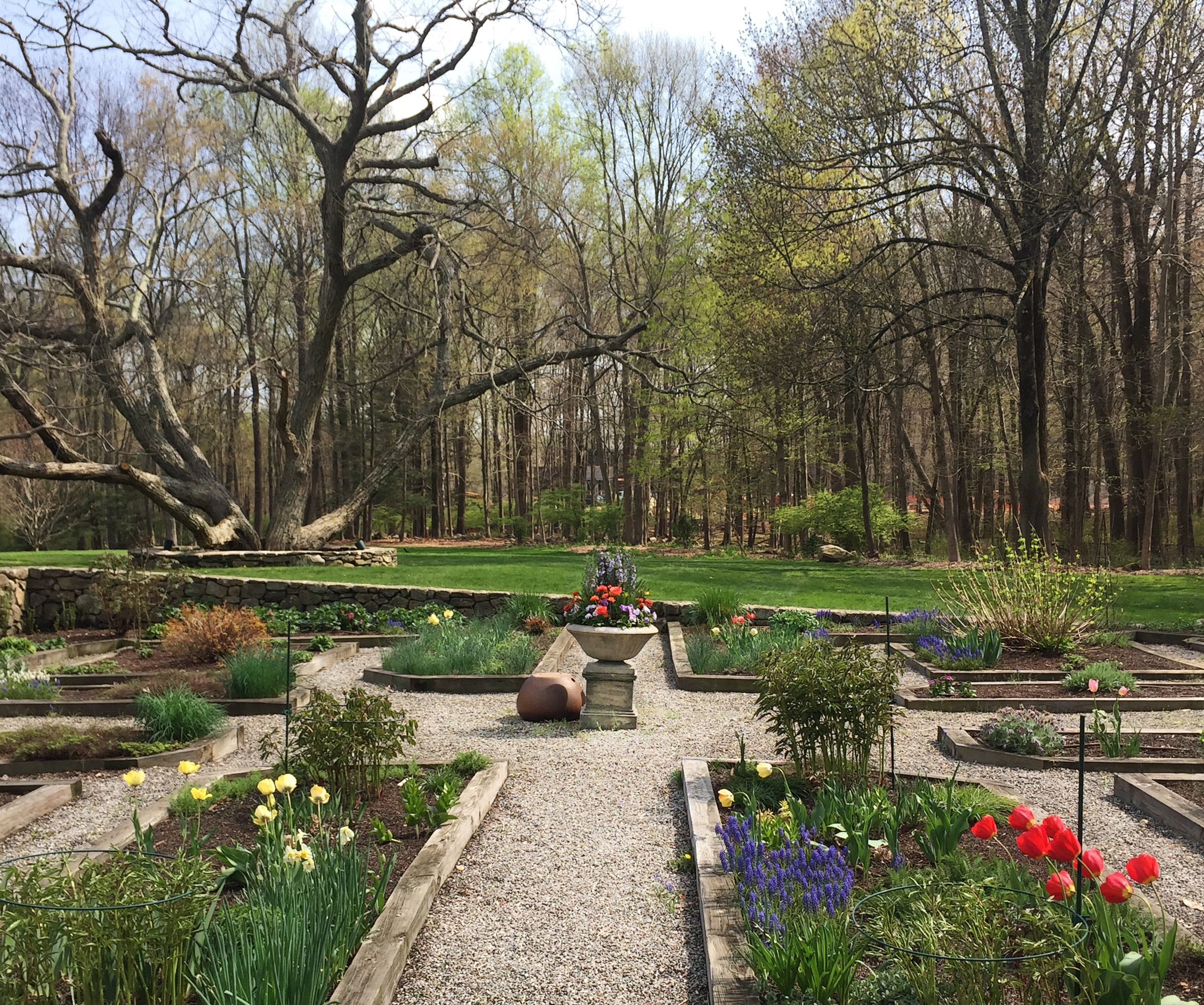 Landscape design with pathways and flower beds.