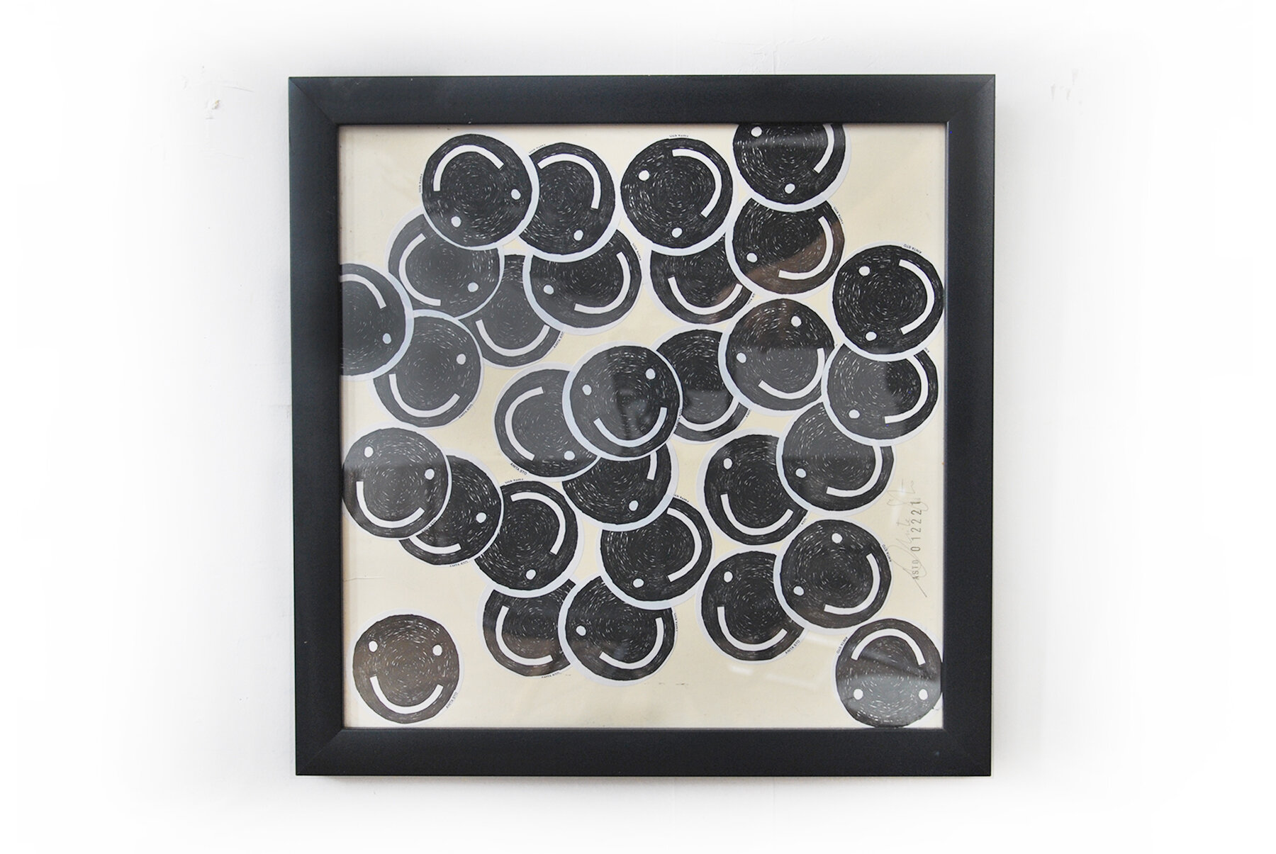   SMILING FACES 2  Vinyl Stickers on Paper Wood frame and Plexiglass 14.5” x 14.5” 2020 