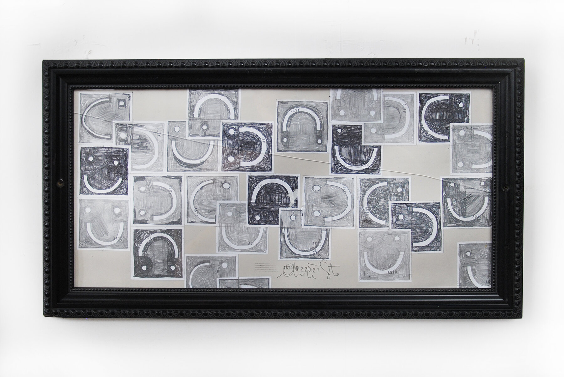   SMILING FACES 10  Graphite, Ink and Glue on Paper Wood frame and Glass 10.5” x 18” 2021 