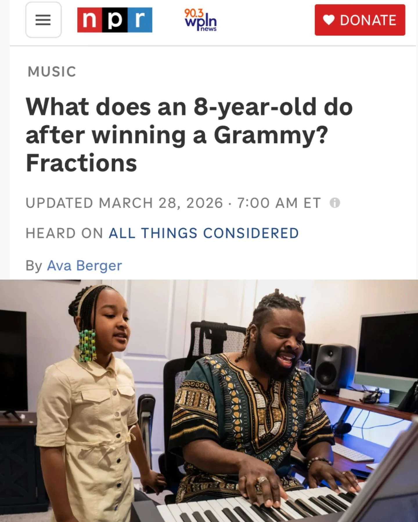 NPR spent the day with us to capture life after the Grammys. I love that they show Aura as a normal kid with an exceptional accomplishment. Thank you Ava and Mallory for your thorough reporting and Dee Dwyer for the lovely candid photos and portraits