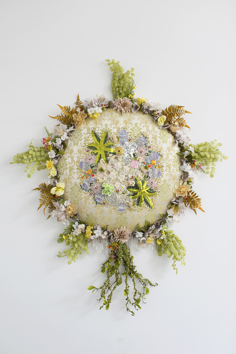   Elegy #11 , 2019, Crystal and plastic beads, sequin patches, found fabric, trim, fabric flowers, magnets, polyester batting, Baltic birch plywood, thread, 55 x 40 x 5” 