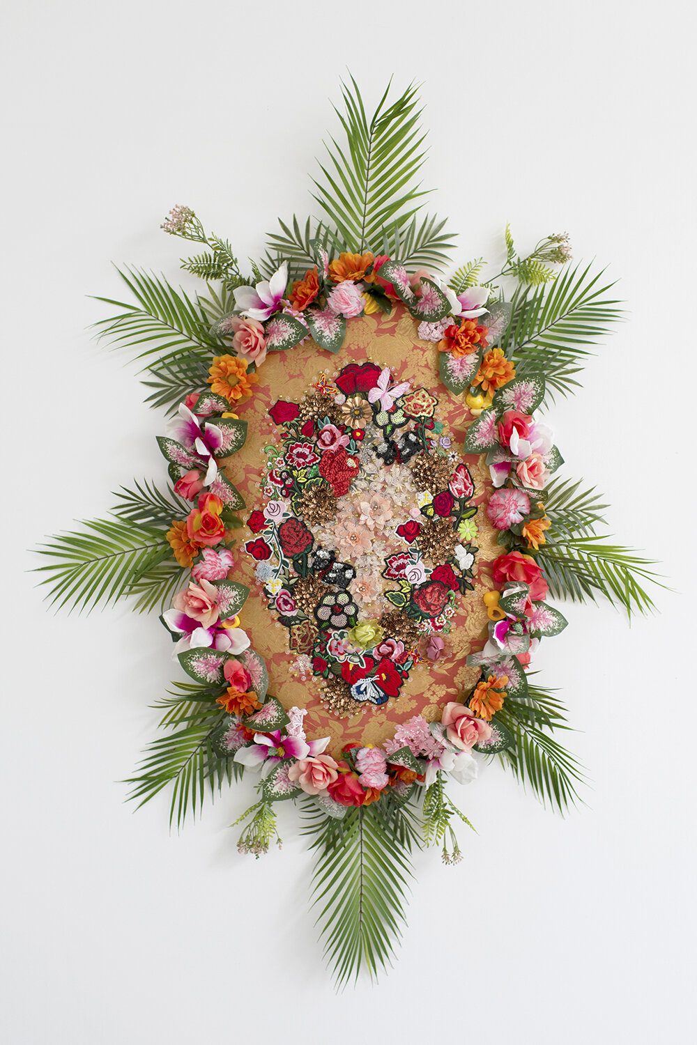   Elegy #2 , 2019, Crystal and plastic beads, sequin patches, found fabric, trim, fabric flowers, magnets, polyester batting, Baltic birch plywood, thread, 62 x 45 x 5” 