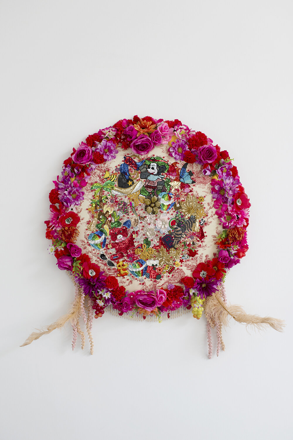   Elegy #4 , 2019, Crystal and plastic beads, sequin patches, found fabric, trim, fabric flowers, ostrich feathers, polyester batting, plywood, thread, 44 x 44 x 5” 