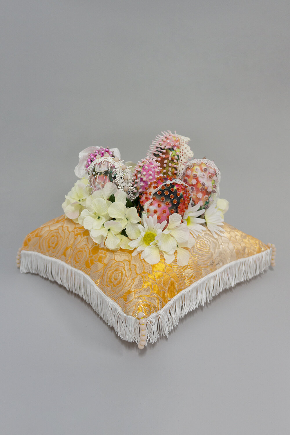   Coronation , 2018, Crystal and plastic beads, sequins, found fabric, trim, fabric flowers, wool batting, thread, 10 x 12 x 12” 