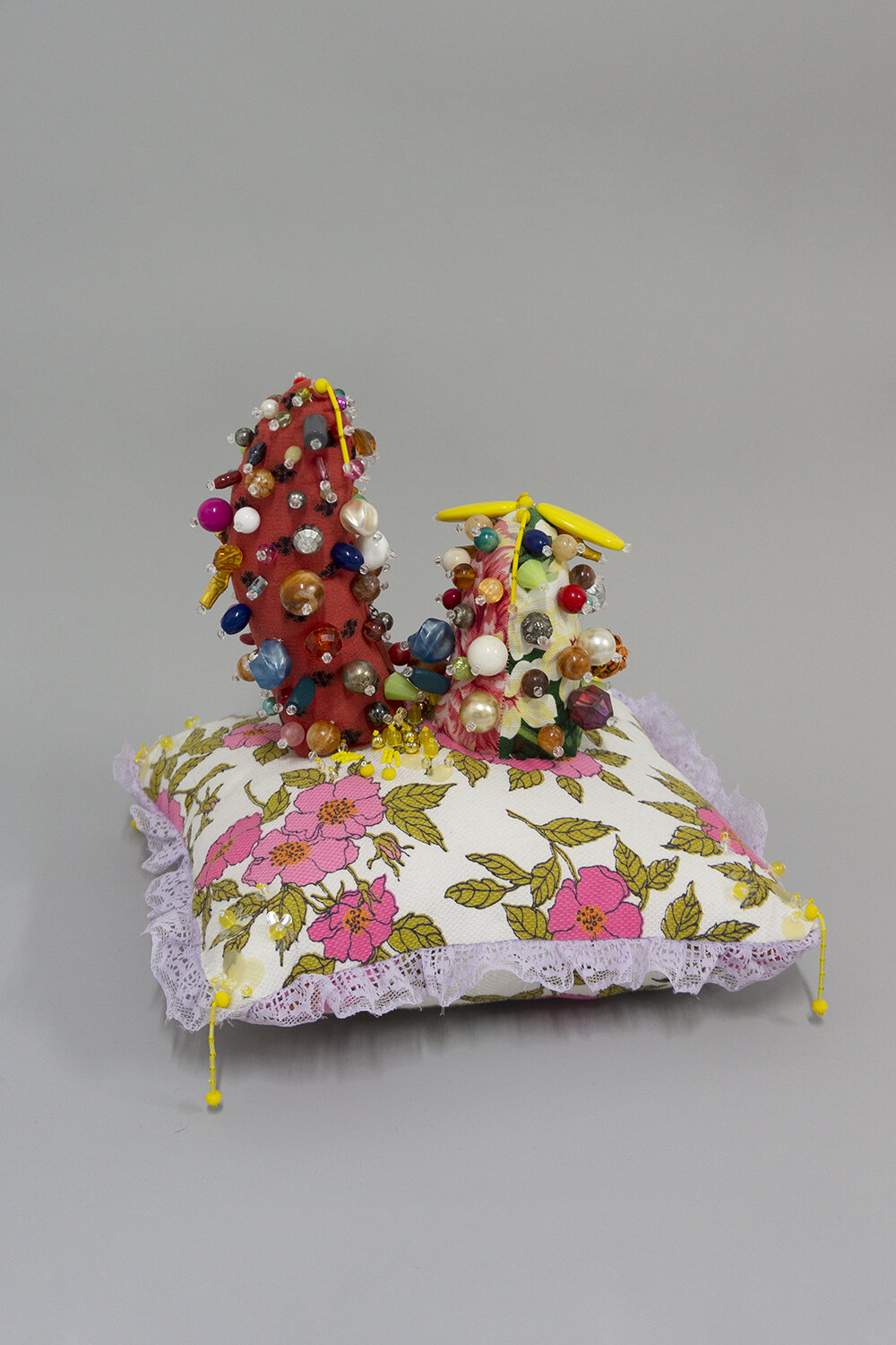   Sensitivity , 2018, Crystal, plastic, and wood beads, sequins, found fabric, trim, polyester batting, thread, 10.5 x 9.5 x 9.5” 