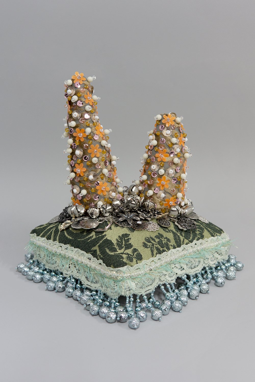   Untitled,  2022, Crystal and plastic beads and sequins, found fabric, trim, costume jewelry, notions, polyester batting, thread, 8.5 x 9.5 x 9.5” 