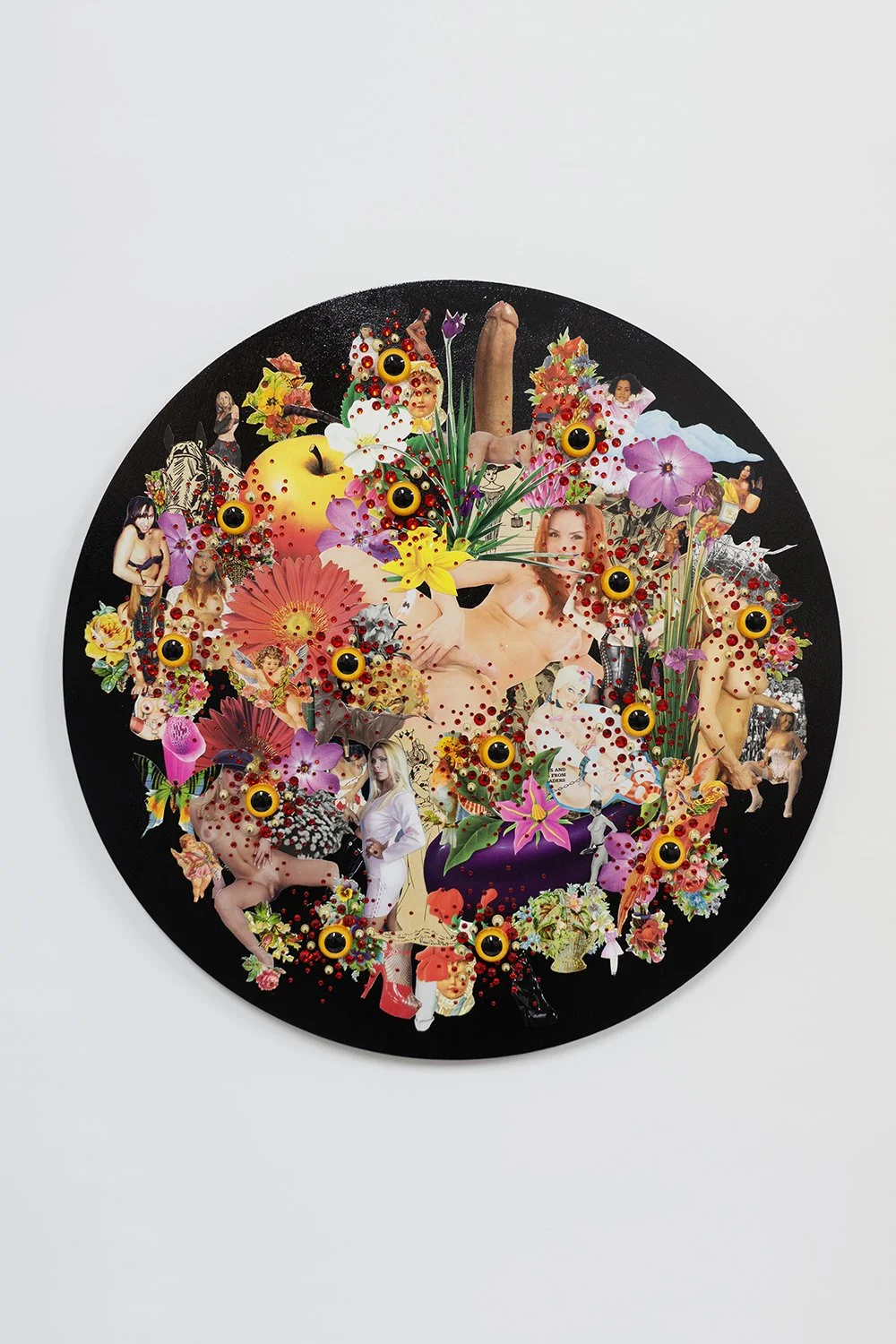 Untitled, 2024, Acrylic, collage, and varnish on birch, 16 × 16 × 1”